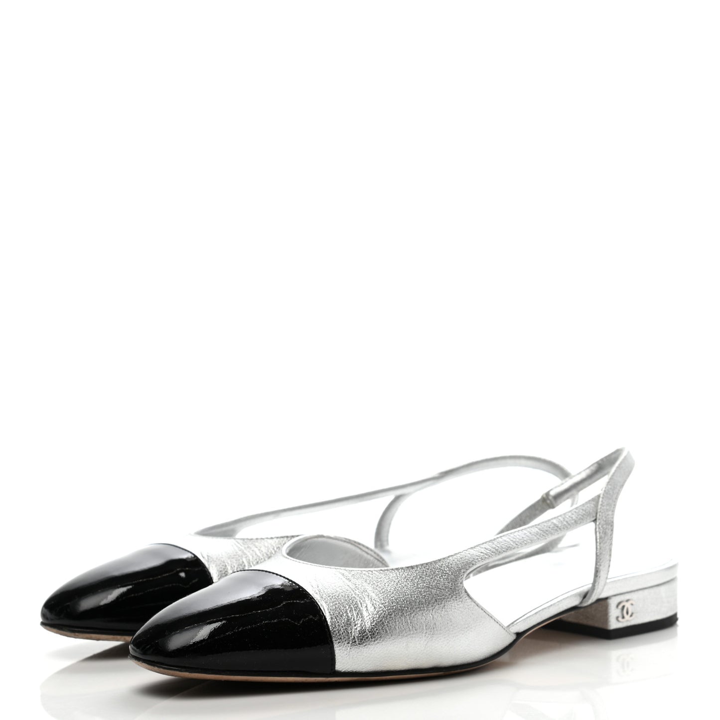Metallic Goatskin Patent Calfskin Cap Toe CC Slingback Flats 38 Black Silver