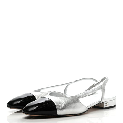 Chanel Metallic Goatskin Patent Calfskin Cap Toe CC Slingback Flats 38 Black Silver 3 of 8