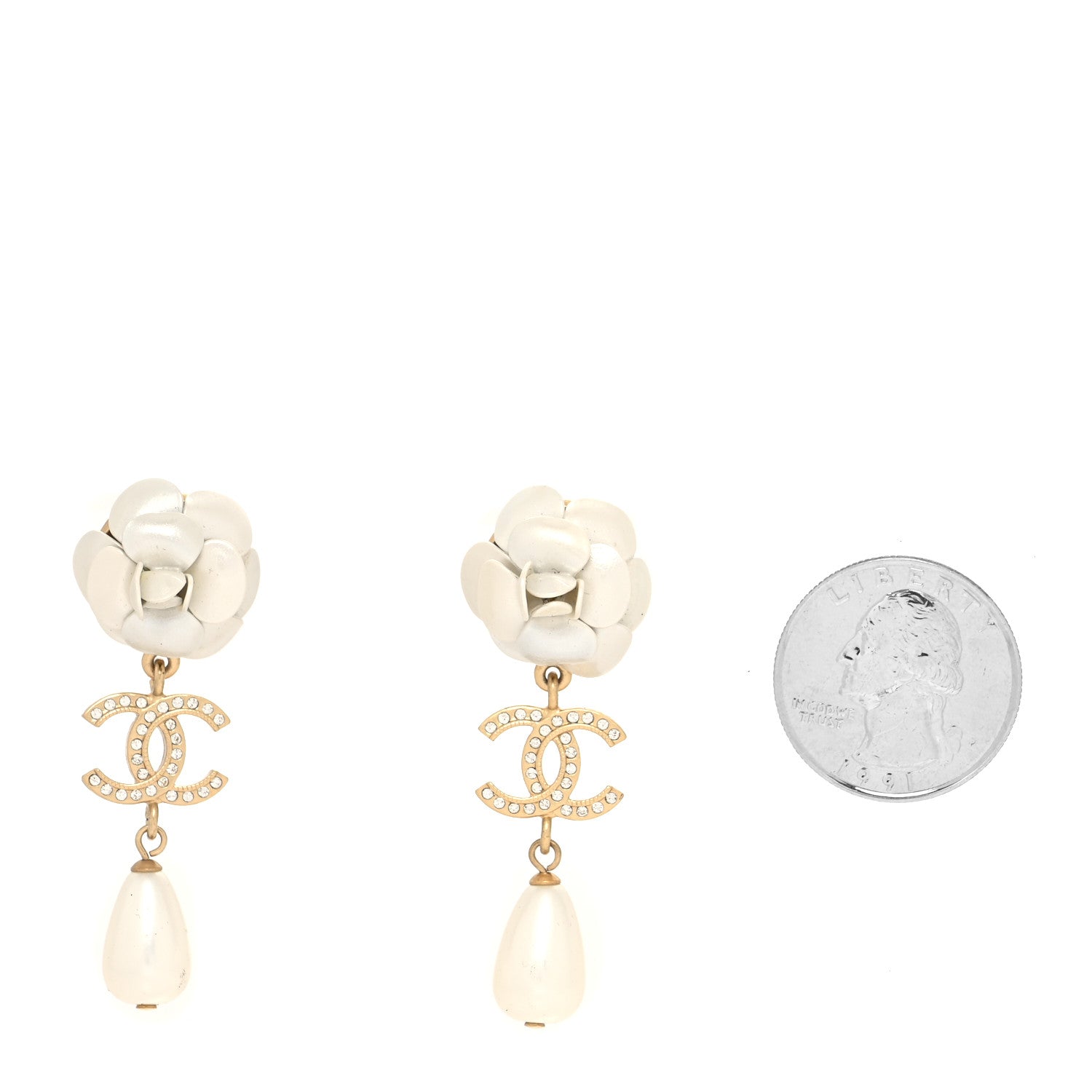 Chanel Metal Crystal Pearl 90s Camellia CC Drop Earrings Gold 2 of 4