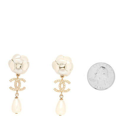 Chanel Metal Crystal Pearl 90s Camellia CC Drop Earrings Gold 2 of 4