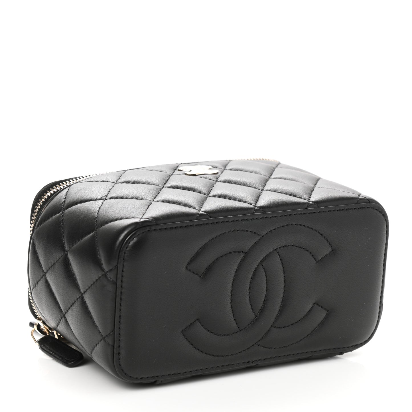 Lambskin Quilted Small Top Handle Vanity Case With Chain Black