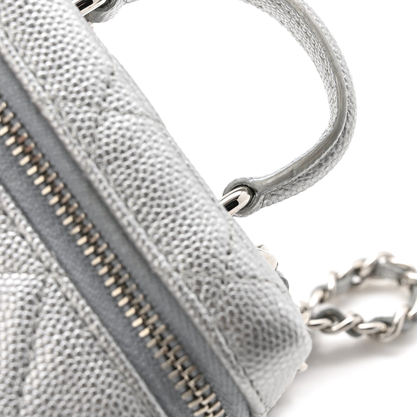Metallic Caviar Quilted Mini Top Handle Vanity With Chain Silver
