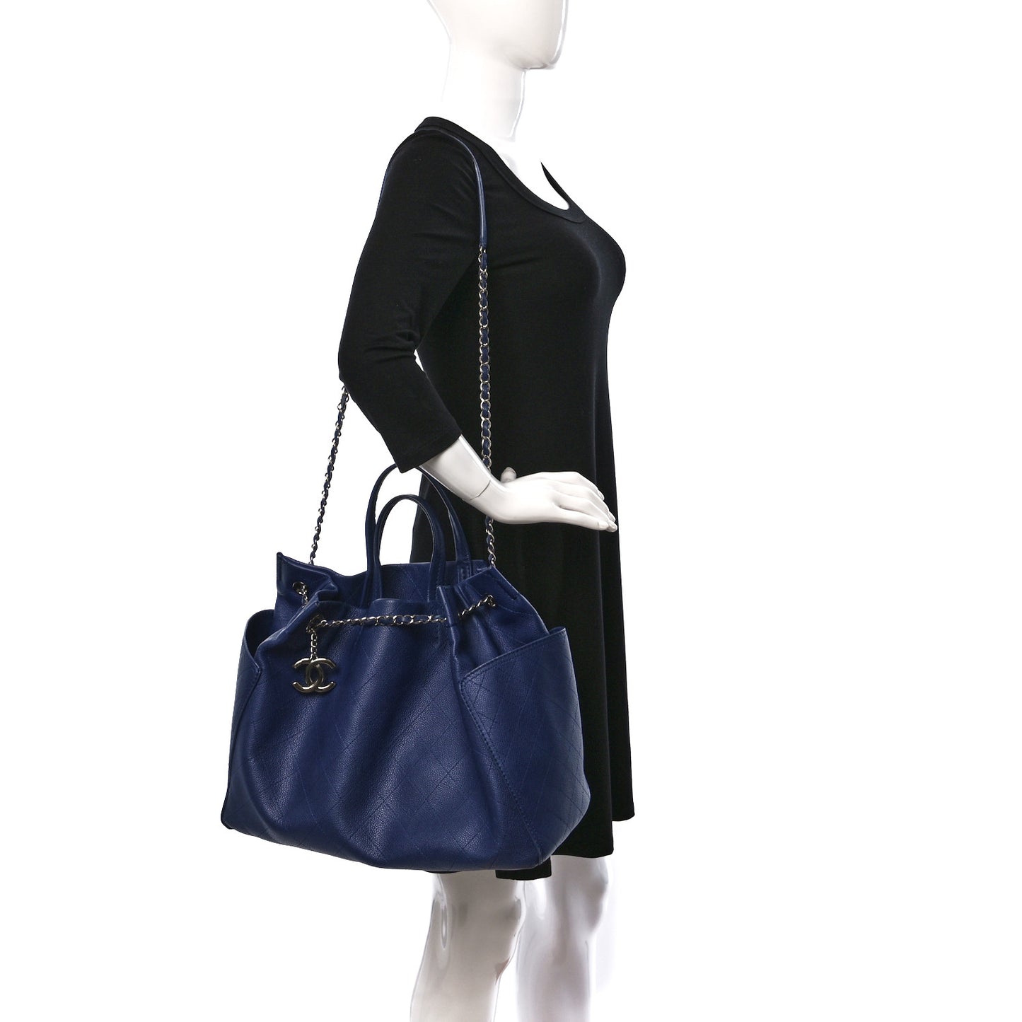 Grained Calfskin CC Pocket Tote Navy Blue