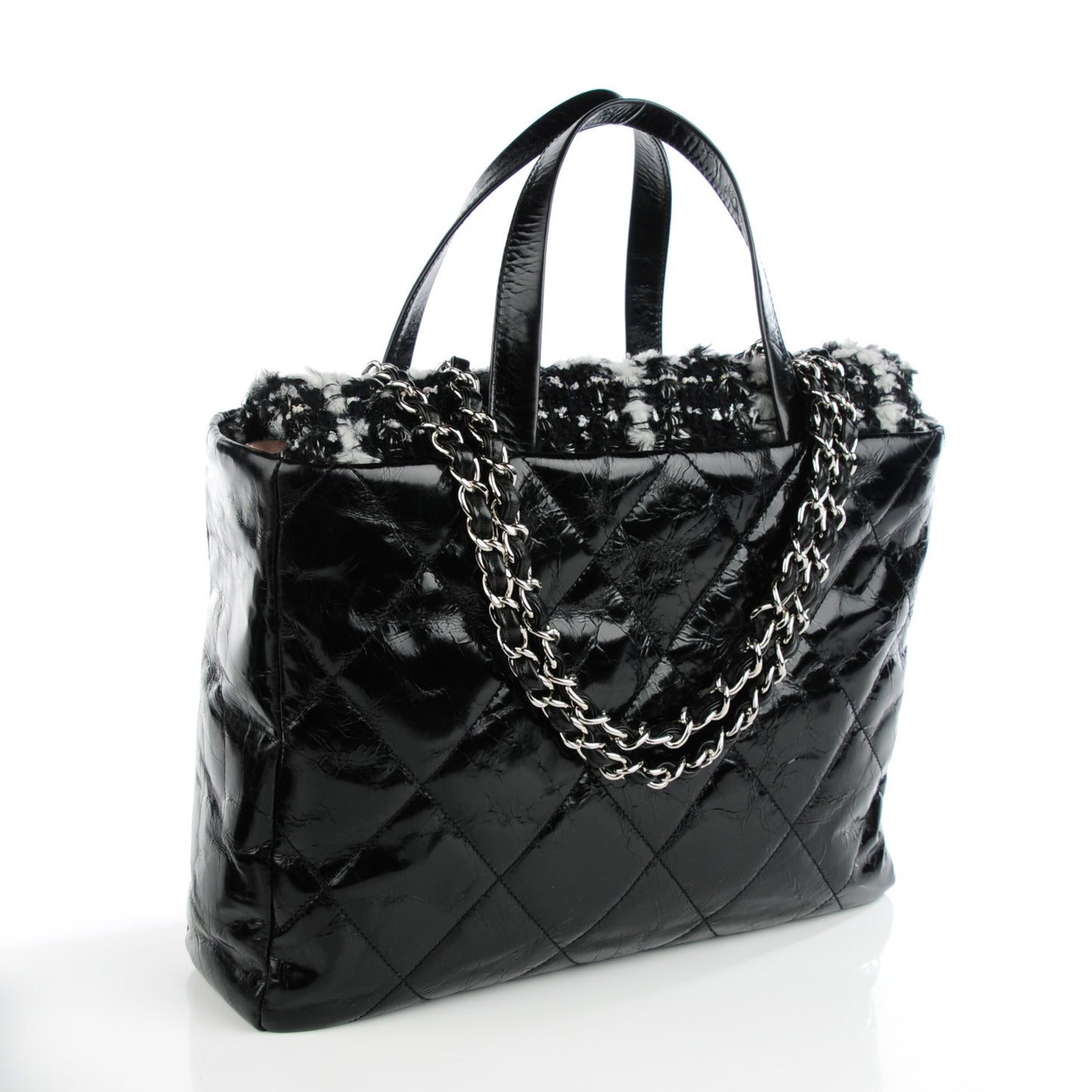 Glazed Calfskin Quilted Tweed Portobello Tote Black Blue