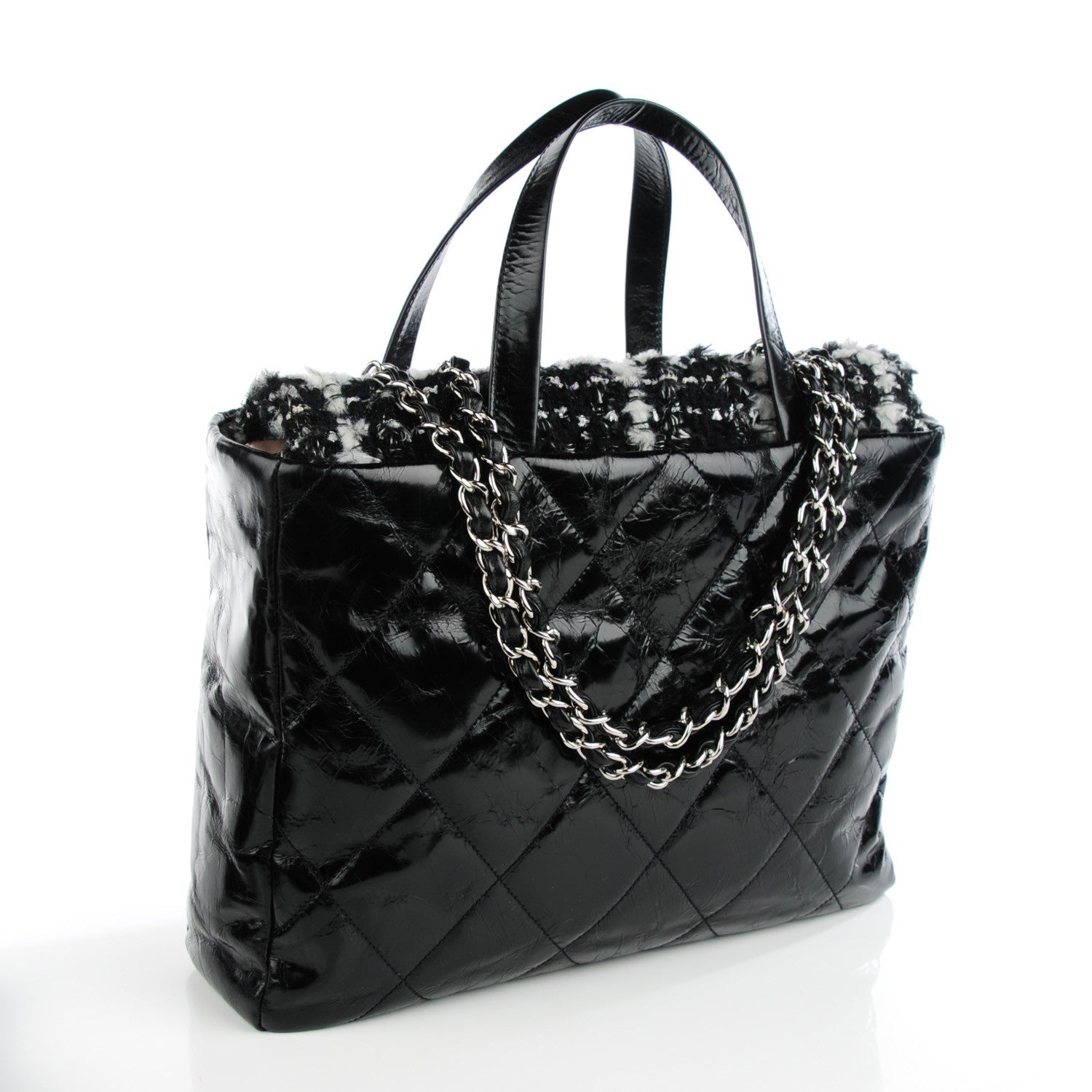 Chanel Glazed Calfskin Quilted Tweed Portobello Tote Black Blue 3 of 7