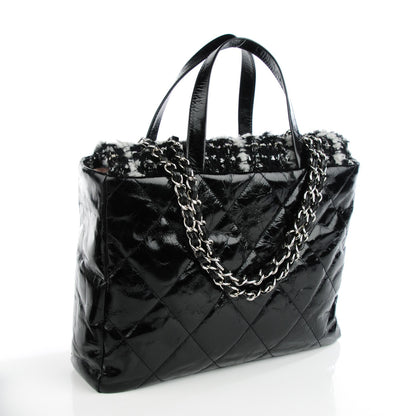 Chanel Glazed Calfskin Quilted Tweed Portobello Tote Black Blue 3 of 7