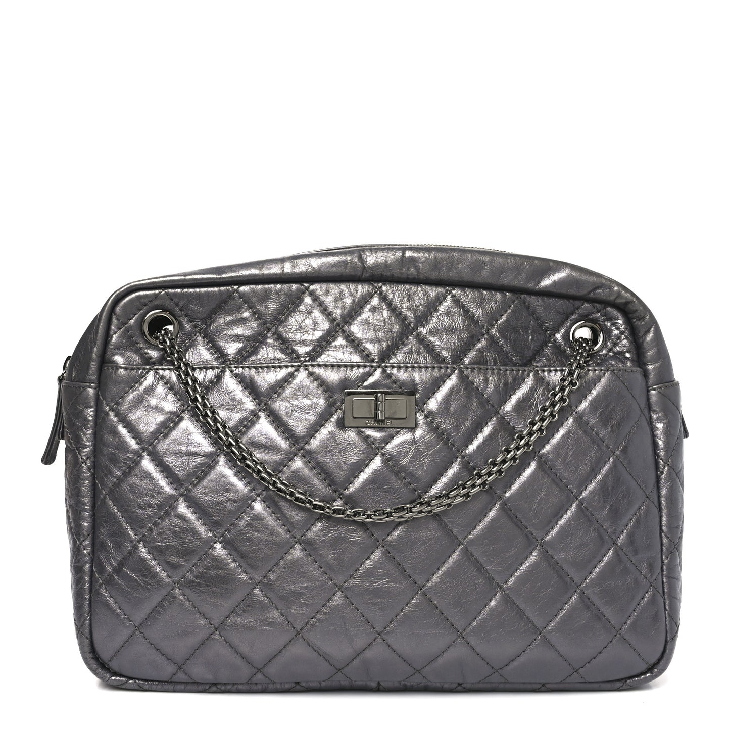 Metallic Aged Calfskin Quilted Large Reissue Camera Case Dark Silver