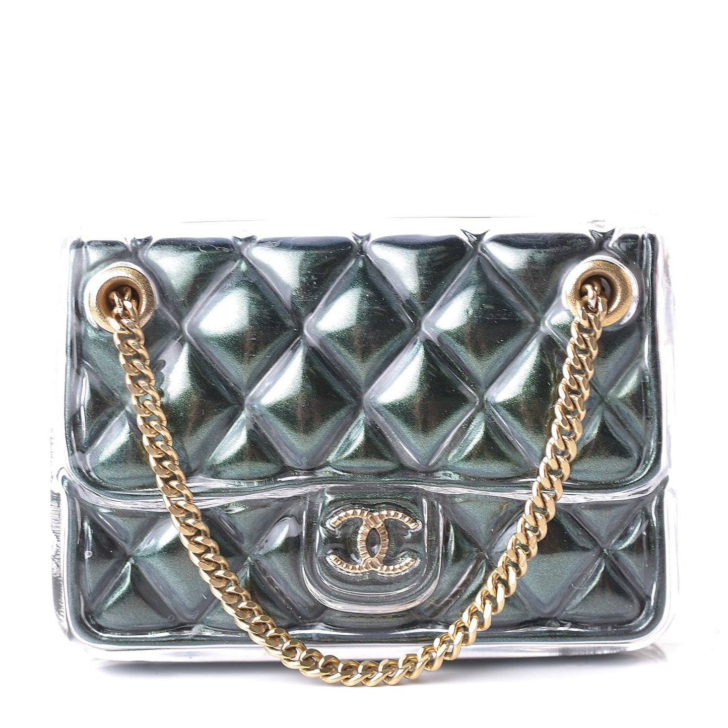 Enamel Quilted Flap Bag Brooch Gold Green