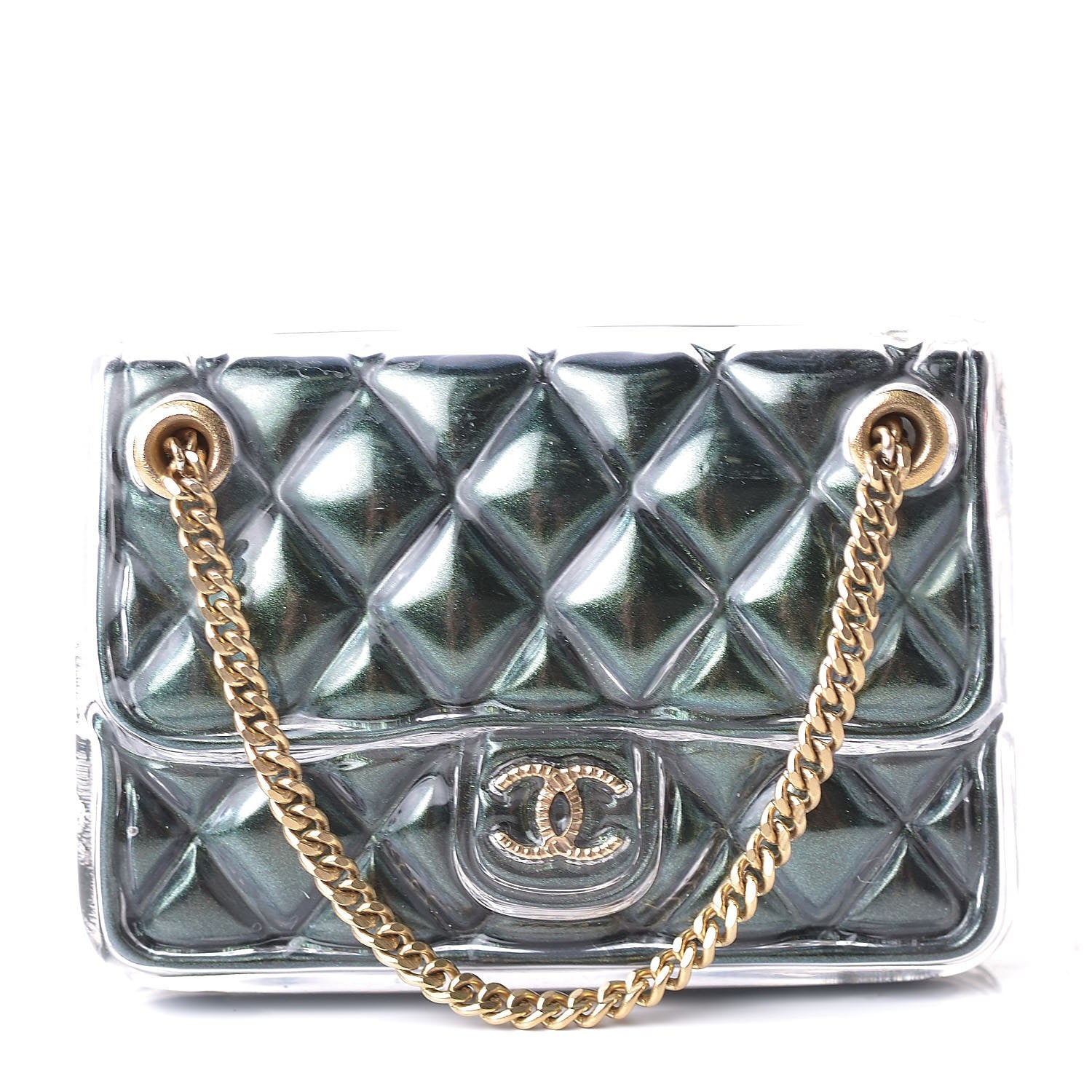 Chanel Enamel Quilted Flap Bag Brooch Gold Green 1 of 5