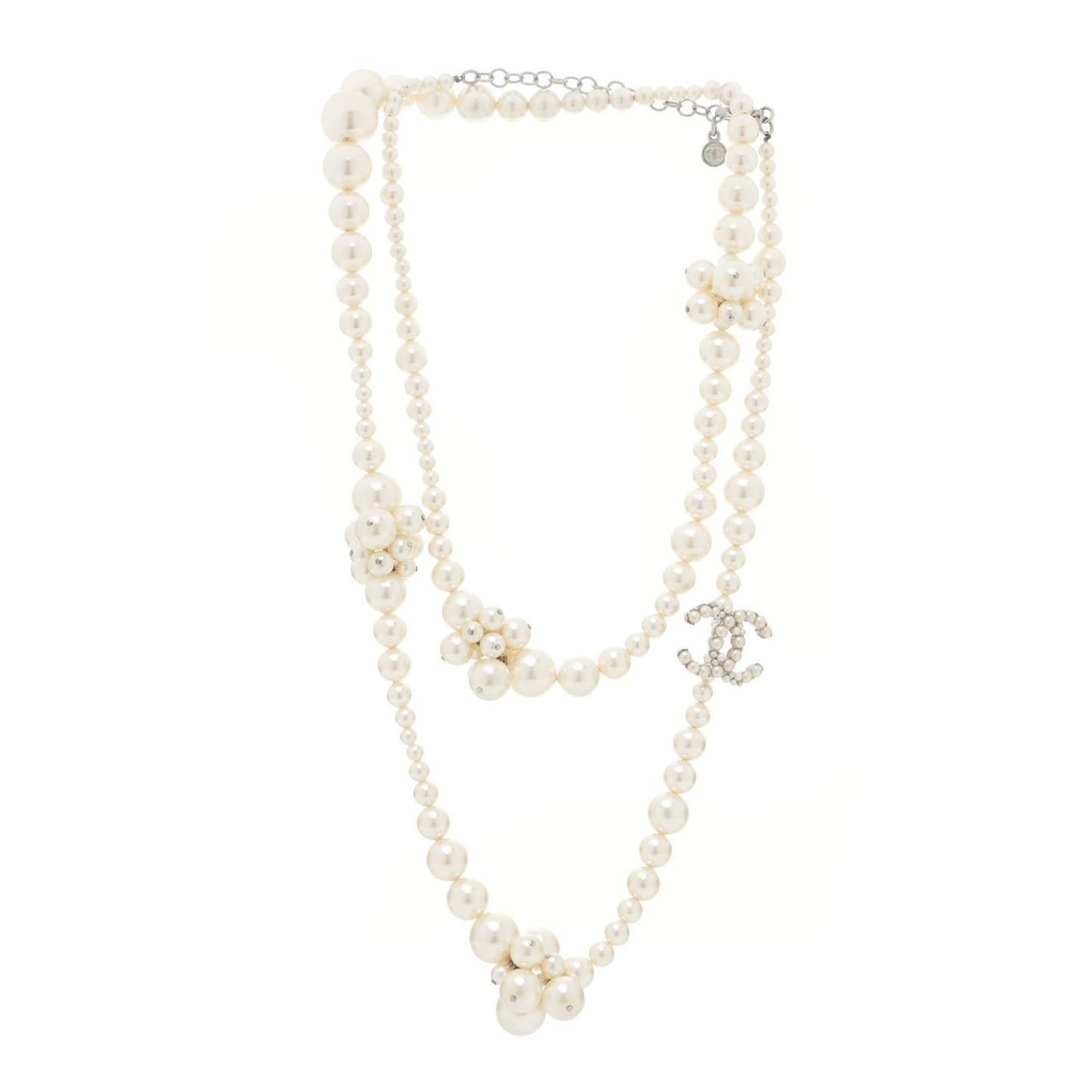Pearl Cluster CC Long Necklace Silver