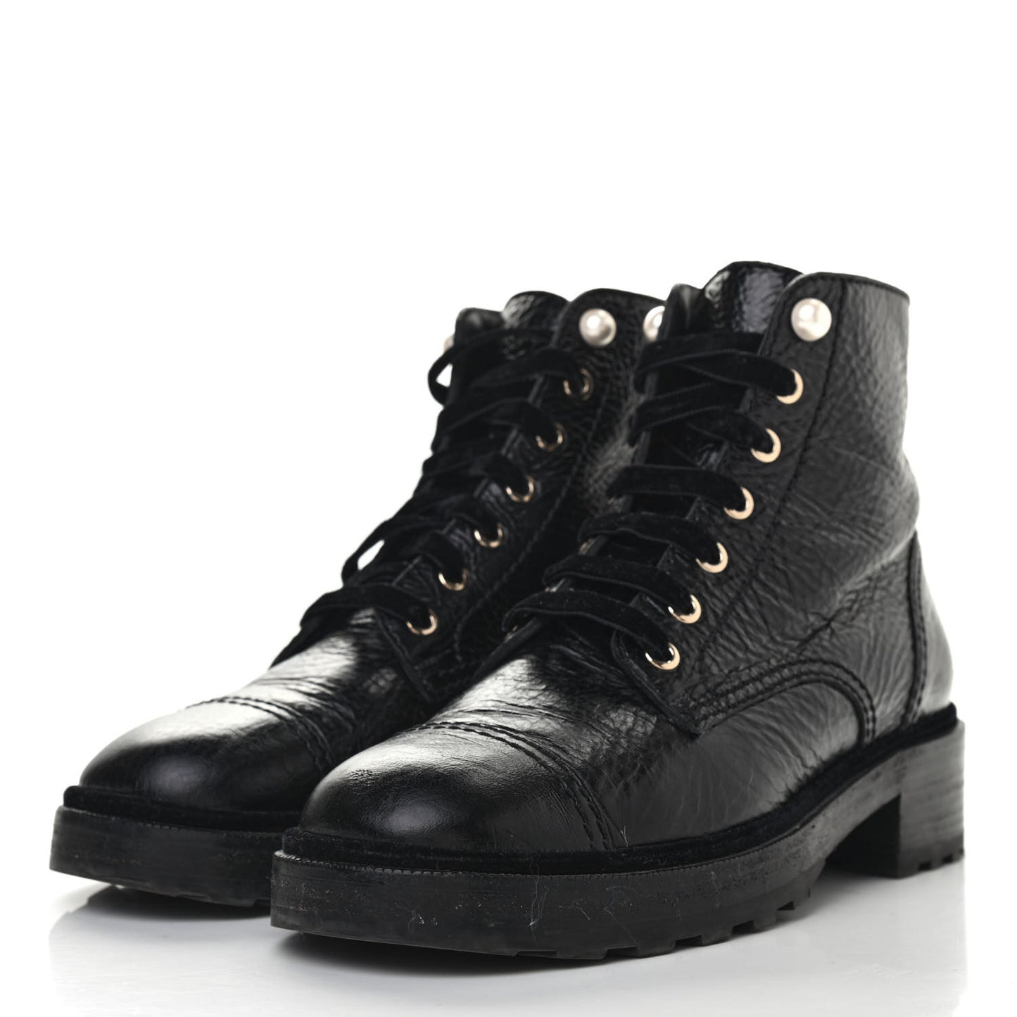 Calfskin Velvet Pearl Combat Short Boots 39.5 Black