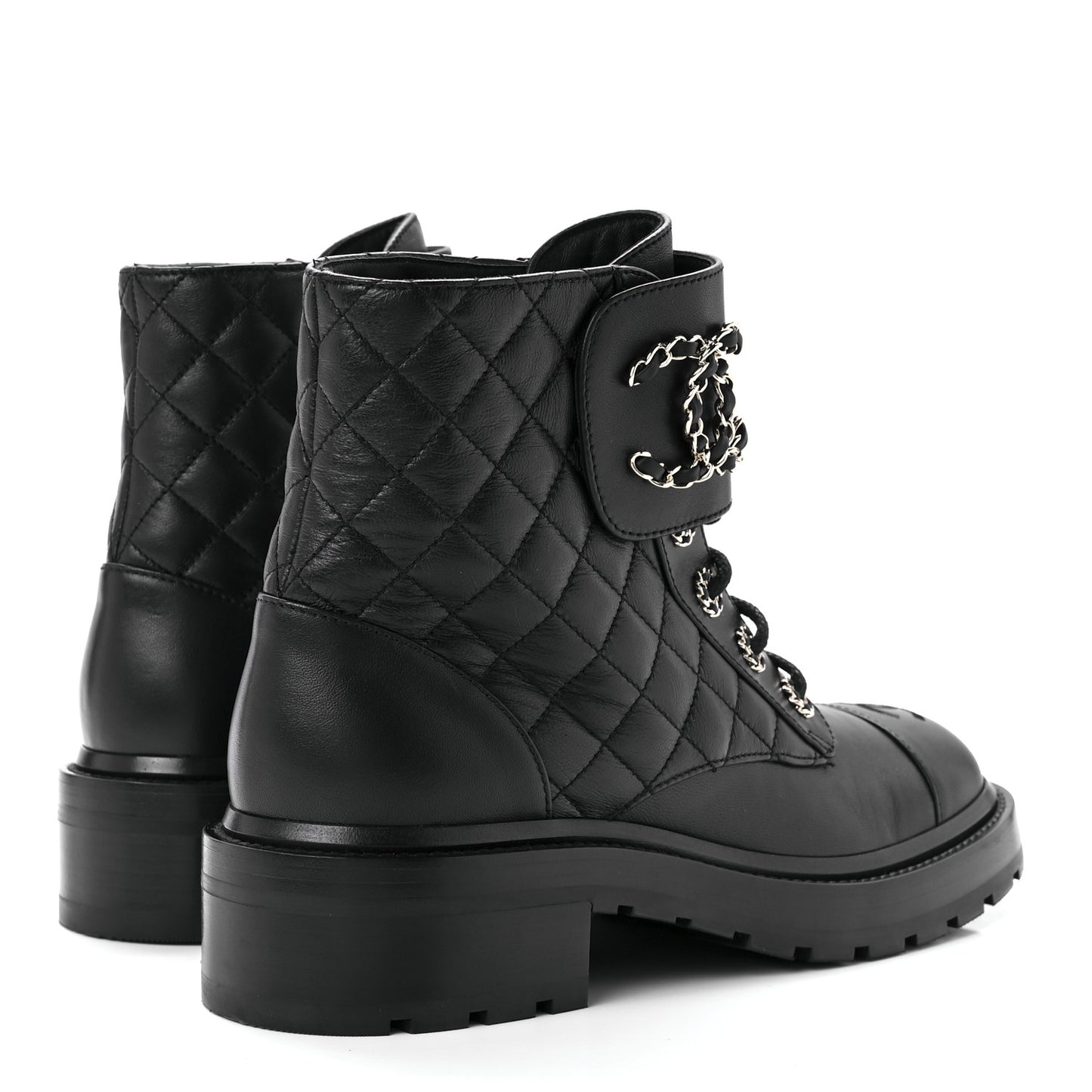 Shiny Lambskin Quilted Lace Up Combat Boots 39 Black