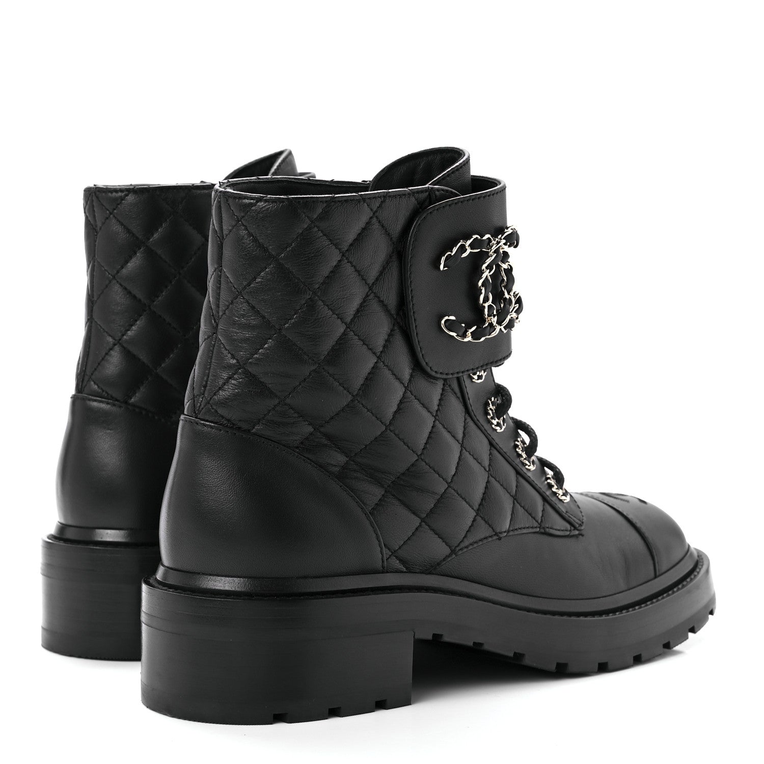 Chanel Shiny Lambskin Quilted Lace Up Combat Boots 39 Black 4 of 10