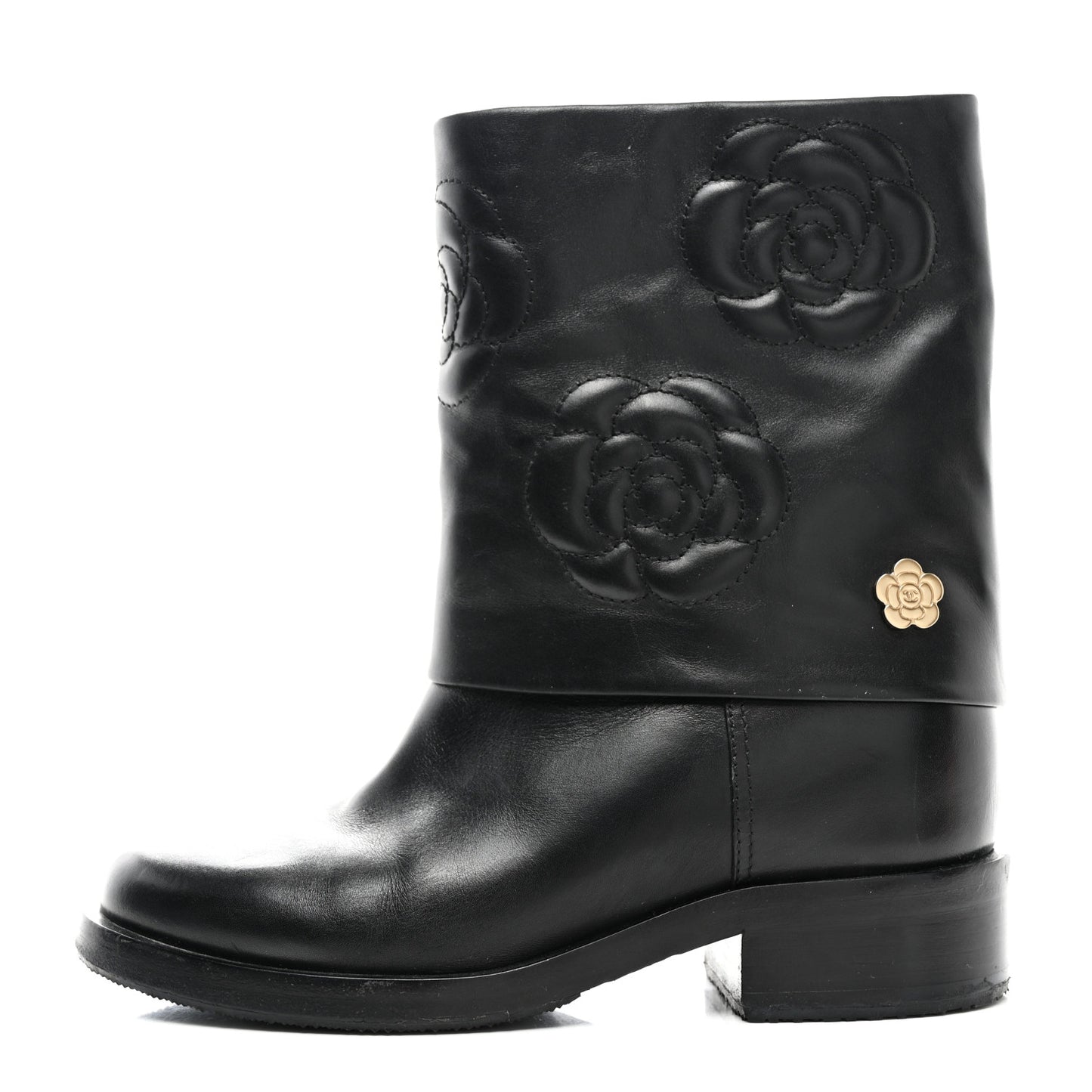 Calfskin Camellia Short Boots 37 Black
