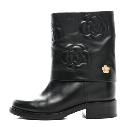Chanel Calfskin Camellia Short Boots 37 Black 1 of 9