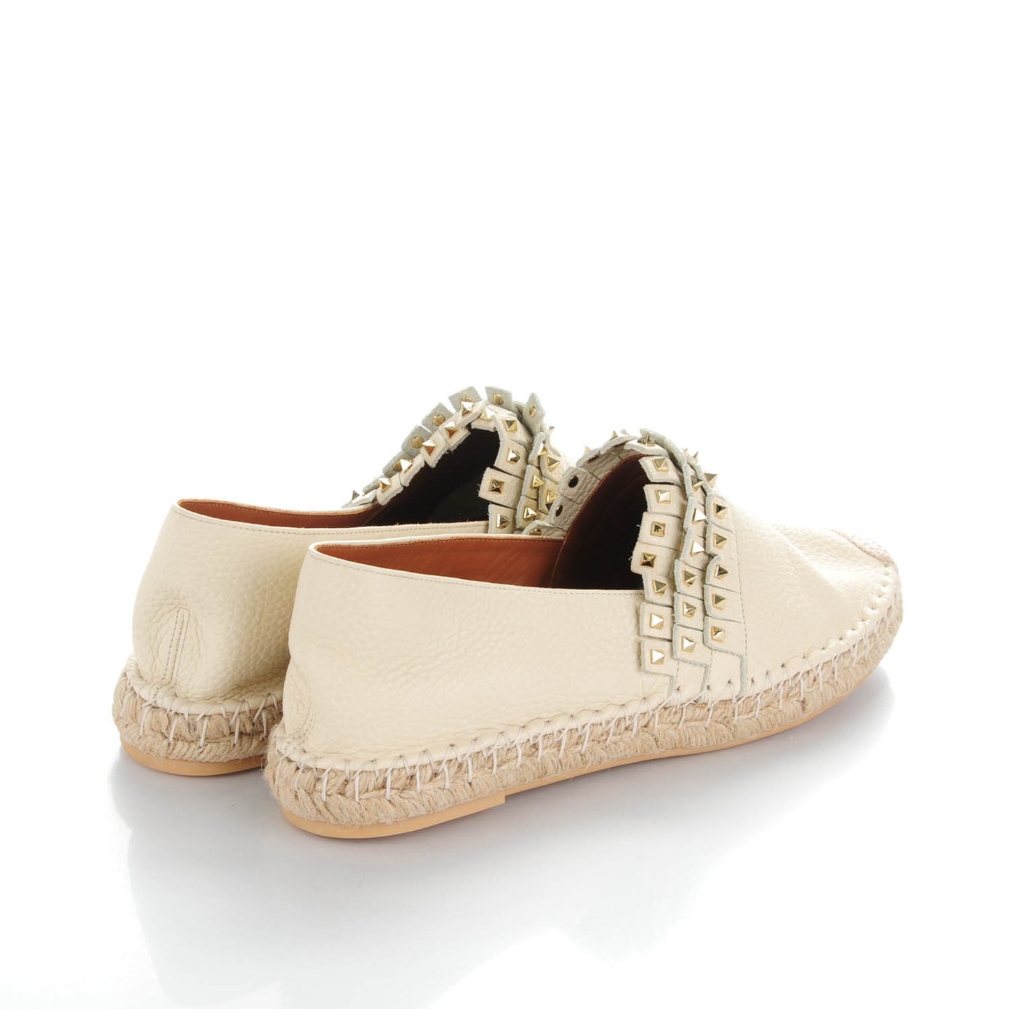 Pebbled Calfskin Rockstud Fringed Espadrilles 41 Ivory