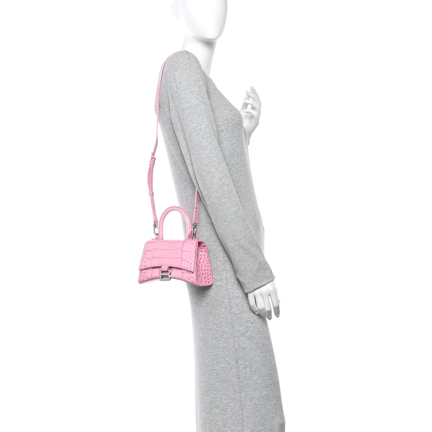 Shiny Calfskin Crocodile Embossed Hourglass Top Handle Bag XS Sweet Pink