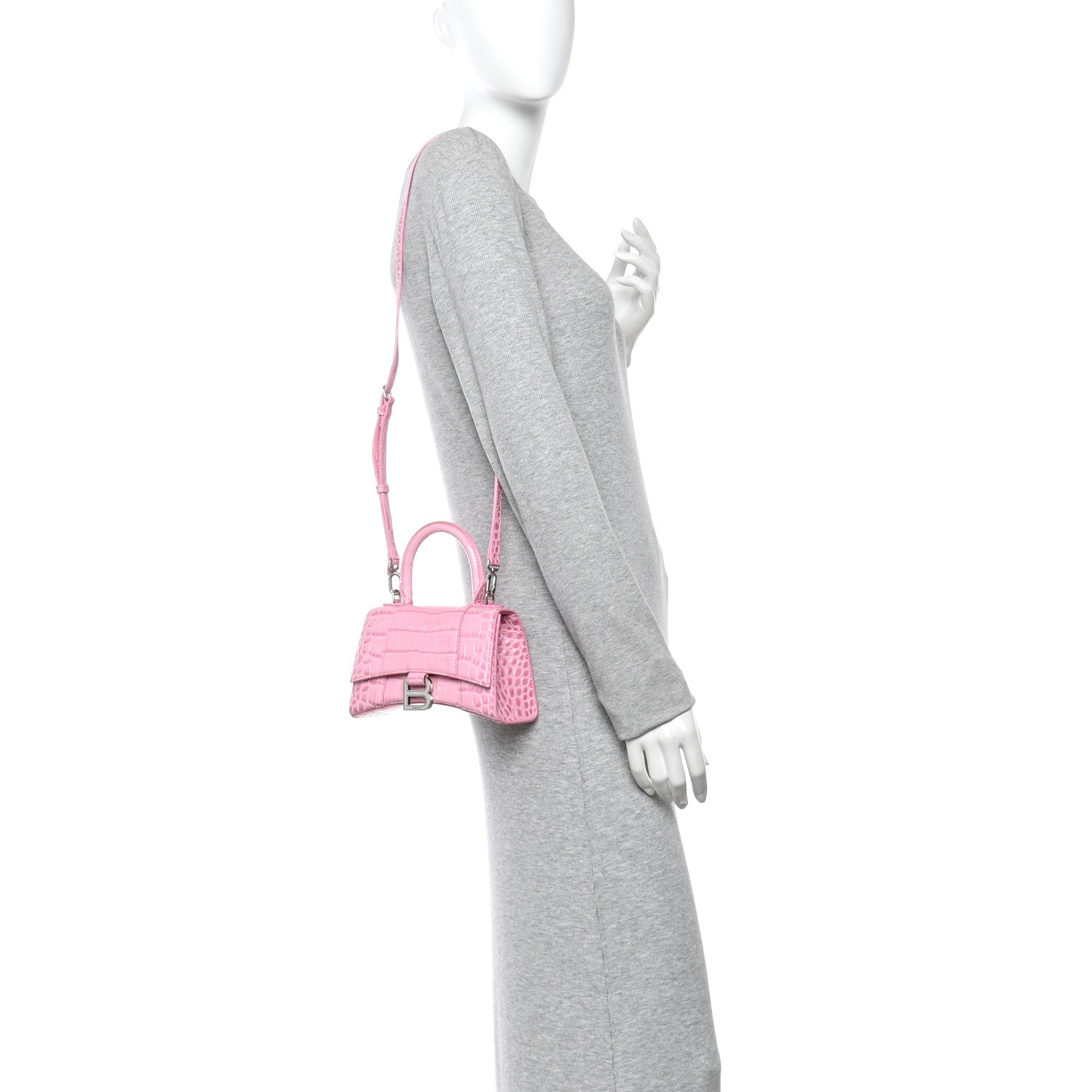 Balenciaga Shiny Calfskin Crocodile Embossed Hourglass Top Handle Bag XS Sweet Pink 3 of 13