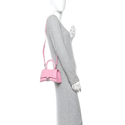 Balenciaga Shiny Calfskin Crocodile Embossed Hourglass Top Handle Bag XS Sweet Pink 3 of 13