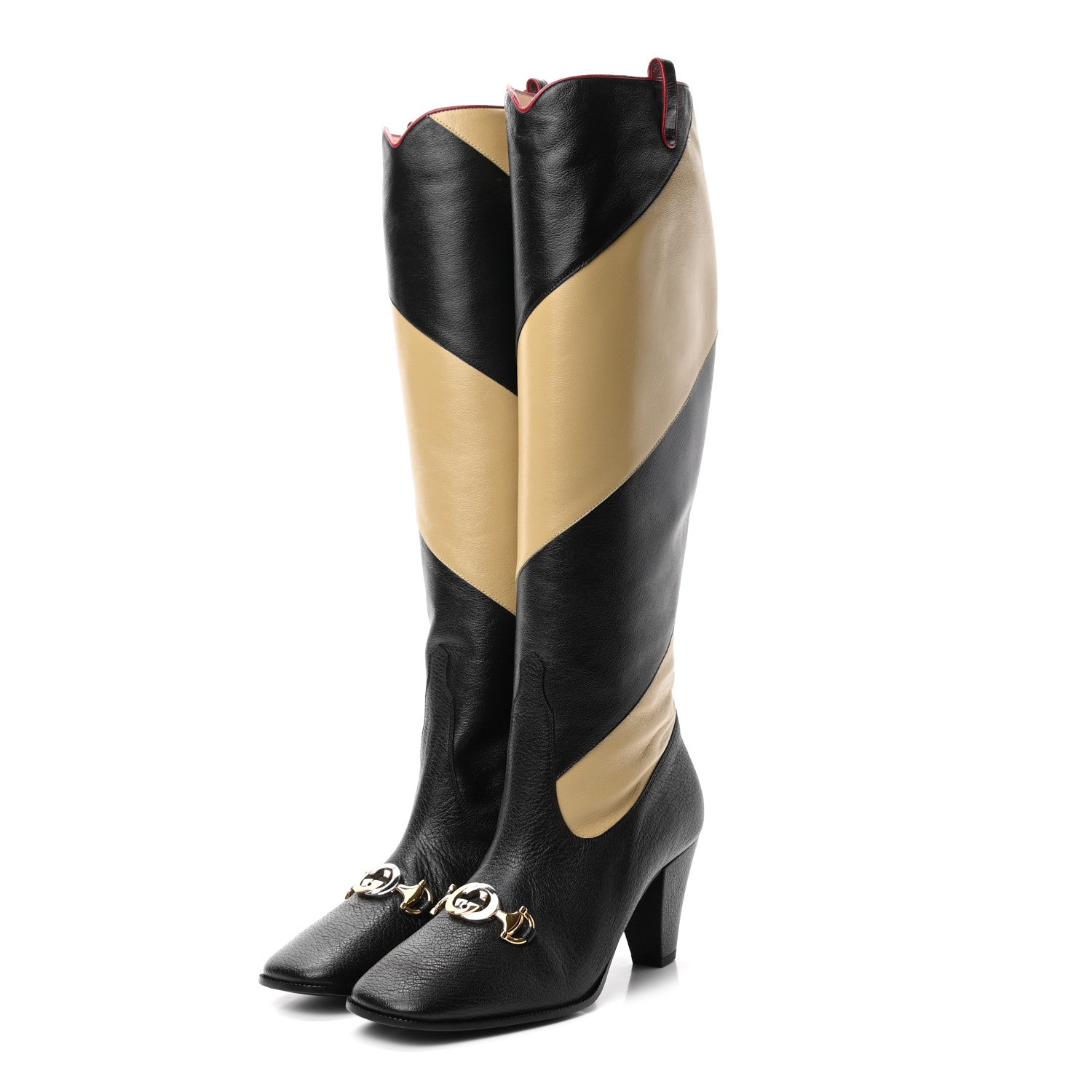 Gucci Calfskin Wrinkled Kid Diagonal Striped Zumi Knee Boots 37 Black Beige Romantic Cherry 3 of 10