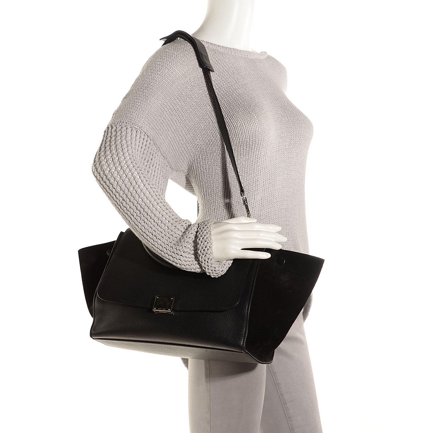 Celine Drummed Calfskin Suede Medium Trapeze Black 2 of 9