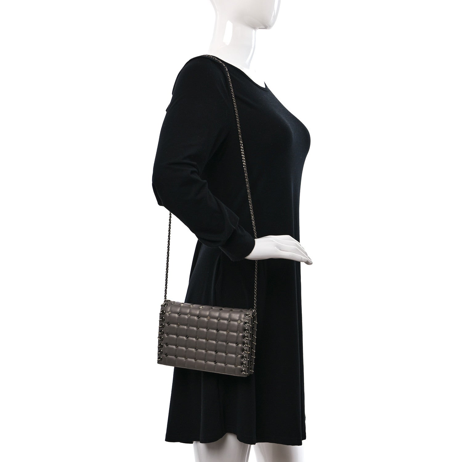 Chanel Lambskin Chocolate Bar Piercing CC Studded Small Chain Flap Bag Grey 2 of 11