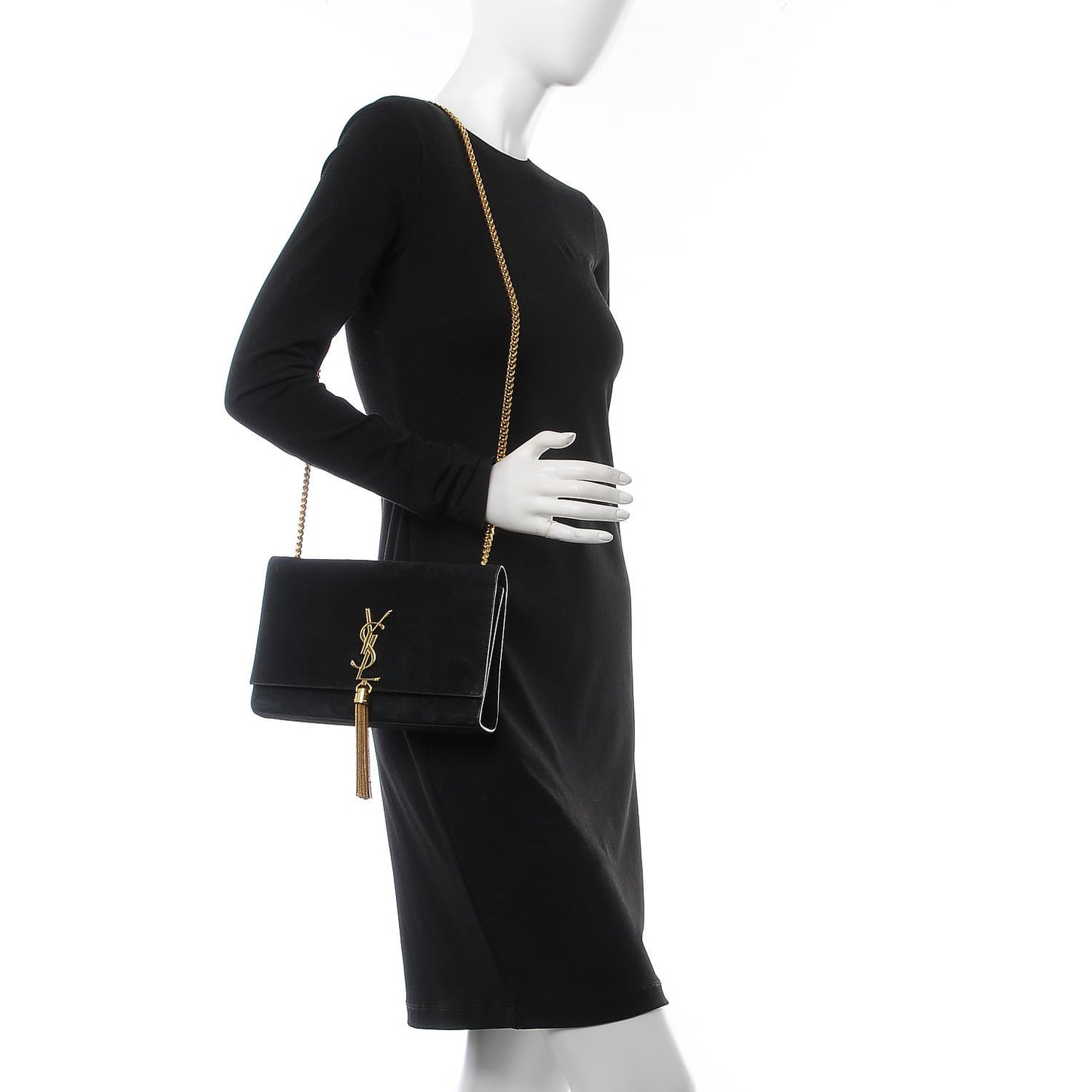 Suede Medium Classic Monogram Kate Tassel Satchel Black