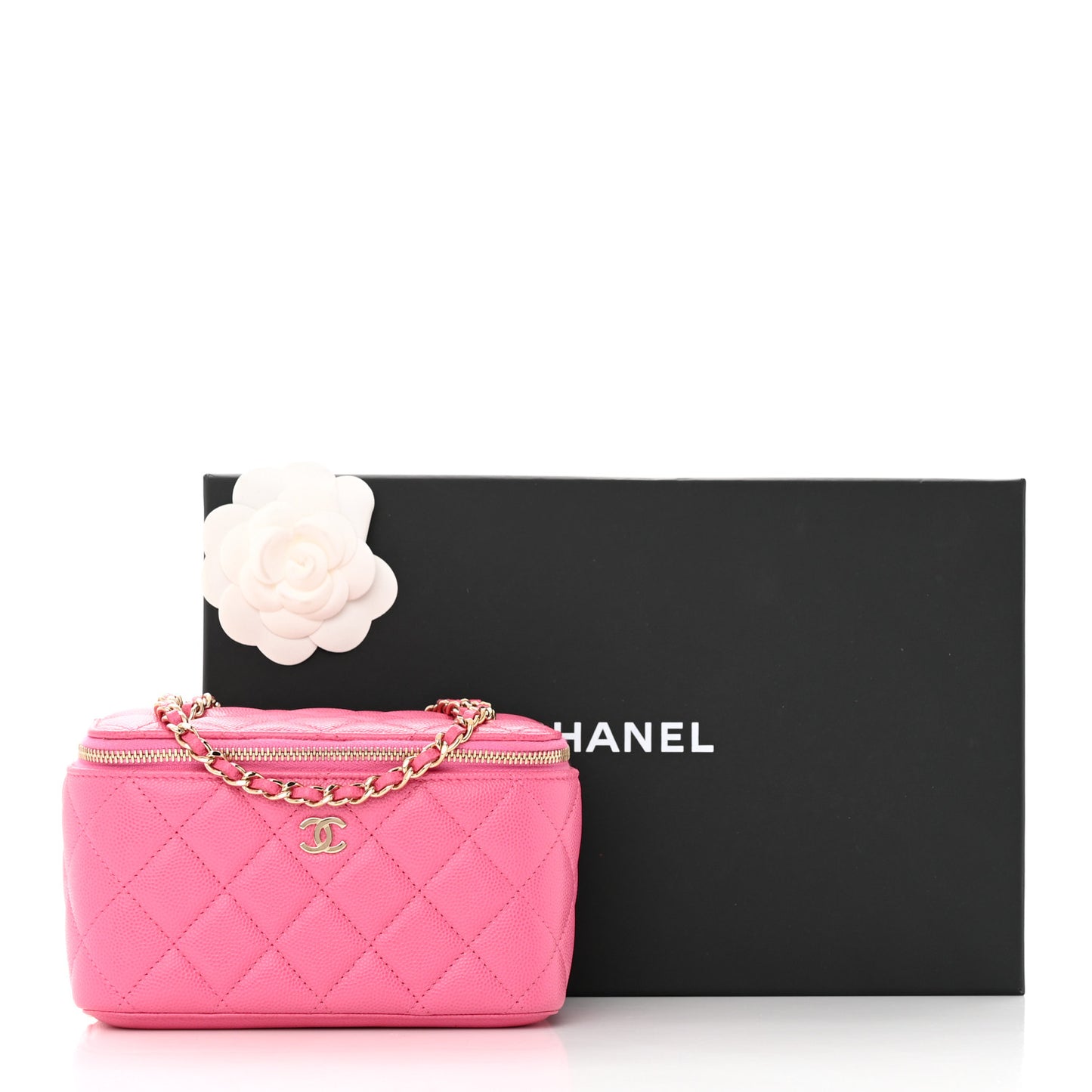 Caviar Quilted Small Vanity Case With Chain Pink