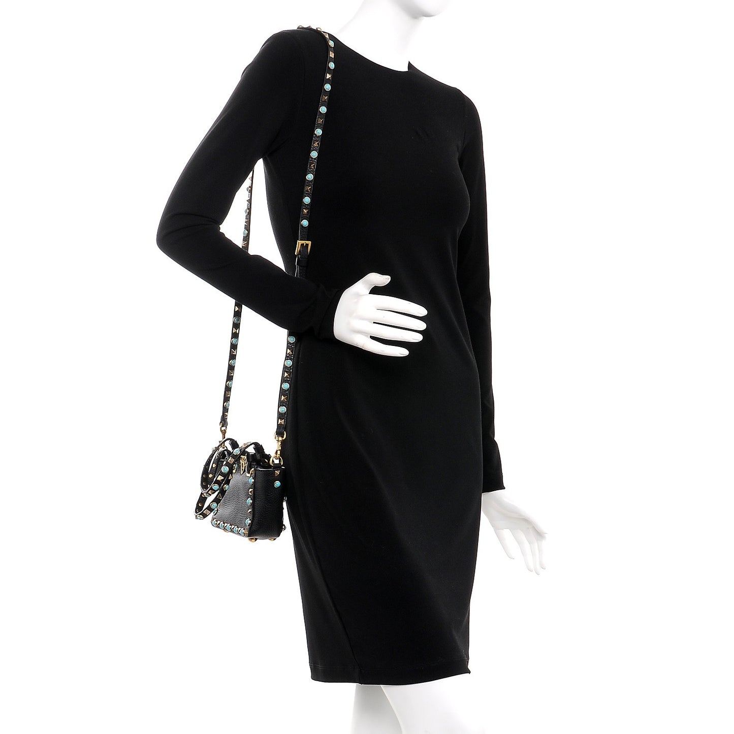 Grained Calfskin Turquoise Micro Rockstud Rolling Tote Black