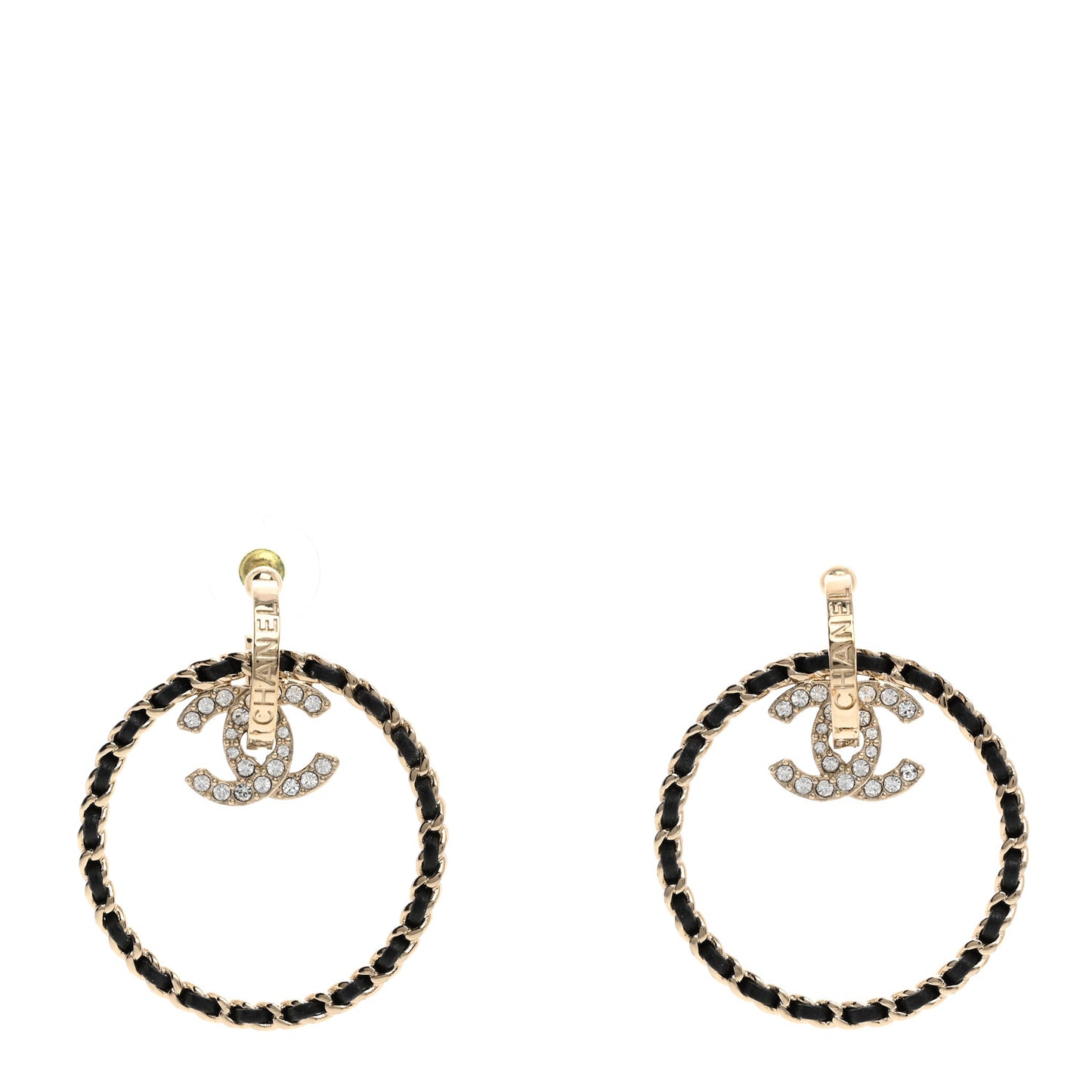 Metal Crystal Lambskin CC Chain Hoop Earrings Gold Black