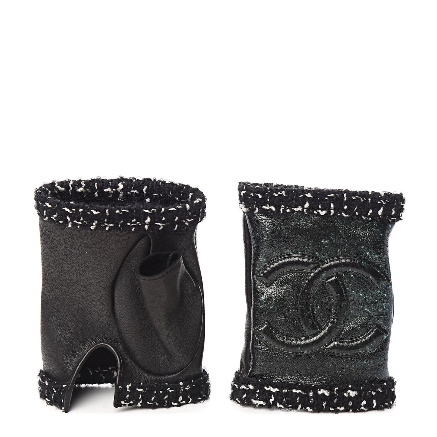 Metallic Lambskin Tweed CC Fingerless Gloves 6.5 Black Green