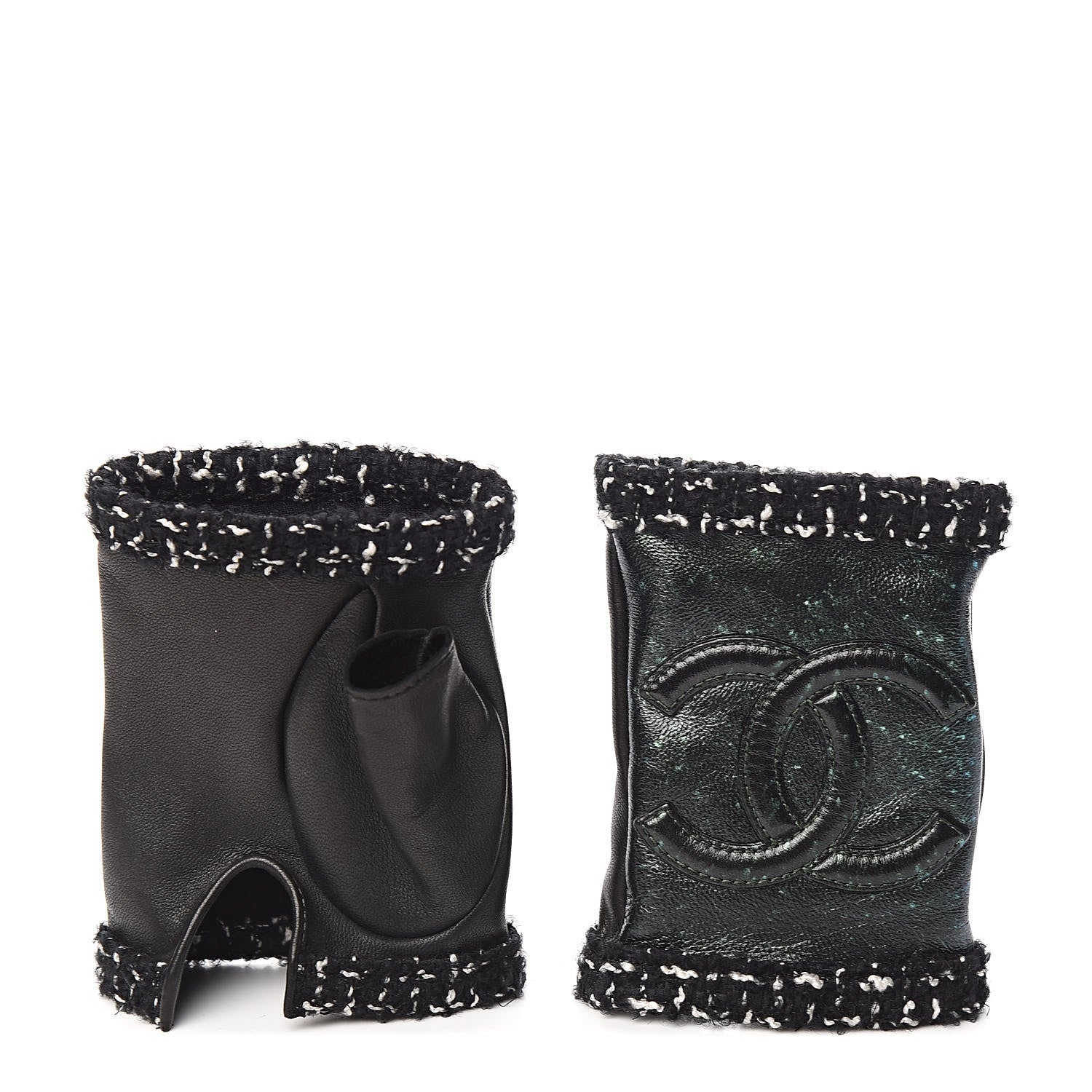 Chanel Metallic Lambskin Tweed CC Fingerless Gloves 6.5 Black Green 2 of 5