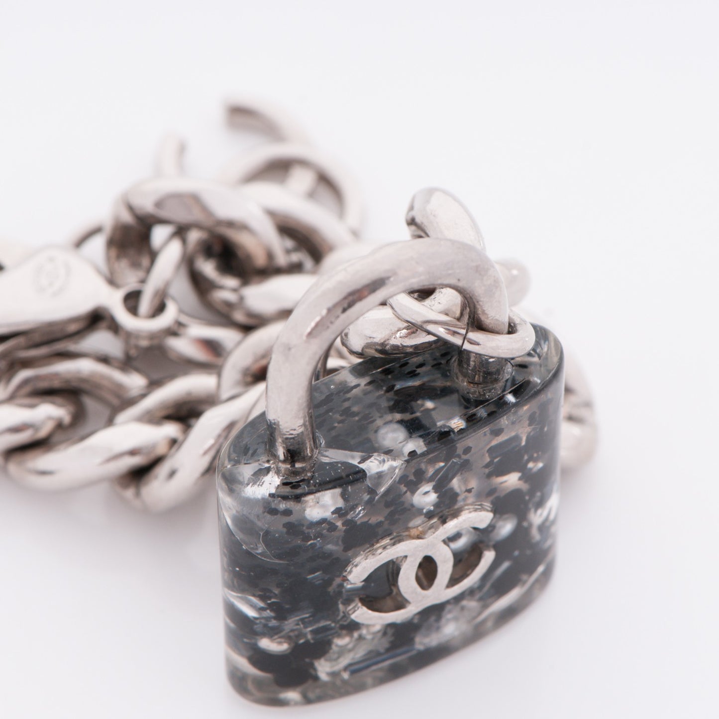 Plexiglass Pearl CC Padlock Bracelet Silver