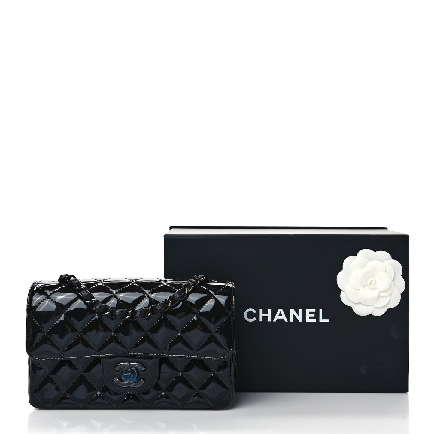 Patent Calfskin Quilted Mini Rectangular Flap So Black
