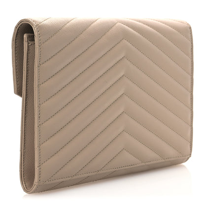 Saint Laurent Grain De Poudre Matelasse Chevron Monogram Envelope Clutch Dark Beige 3 of 11