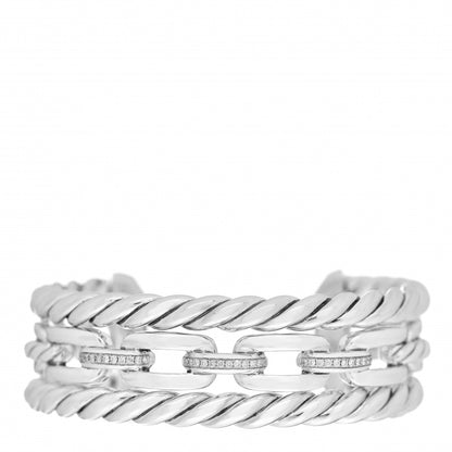 David Yurman Sterling Silver Diamond Wellesley Link Three-Row Cuff Bracelet 1 of 4