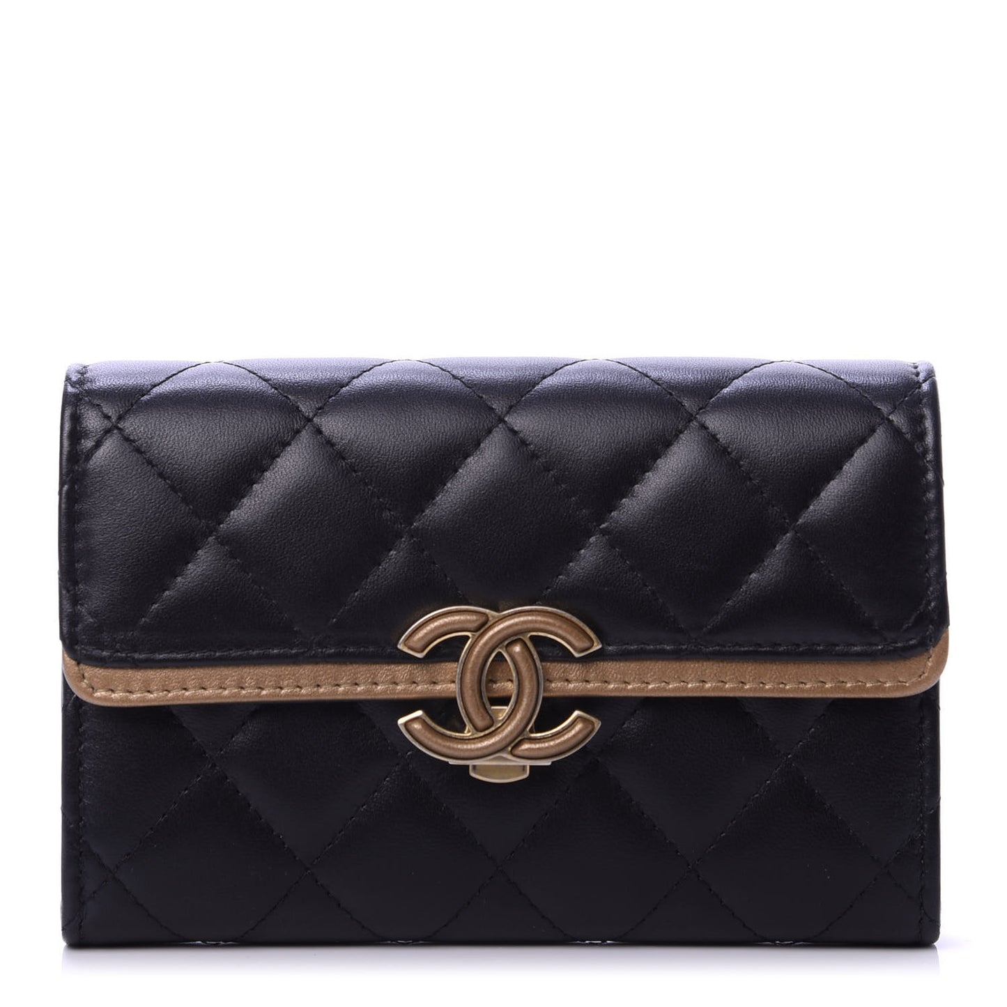 Lambskin Quilted Medium CC Chic Flap Wallet Black Gold