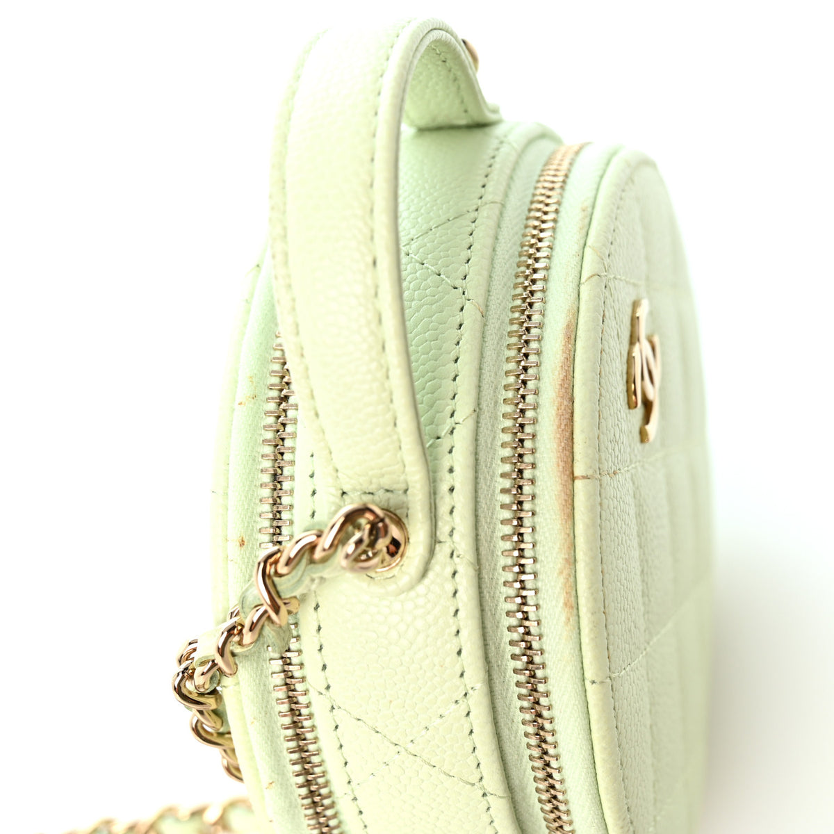 Caviar Quilted Round Handle With Care Vanity With Chain Light Green