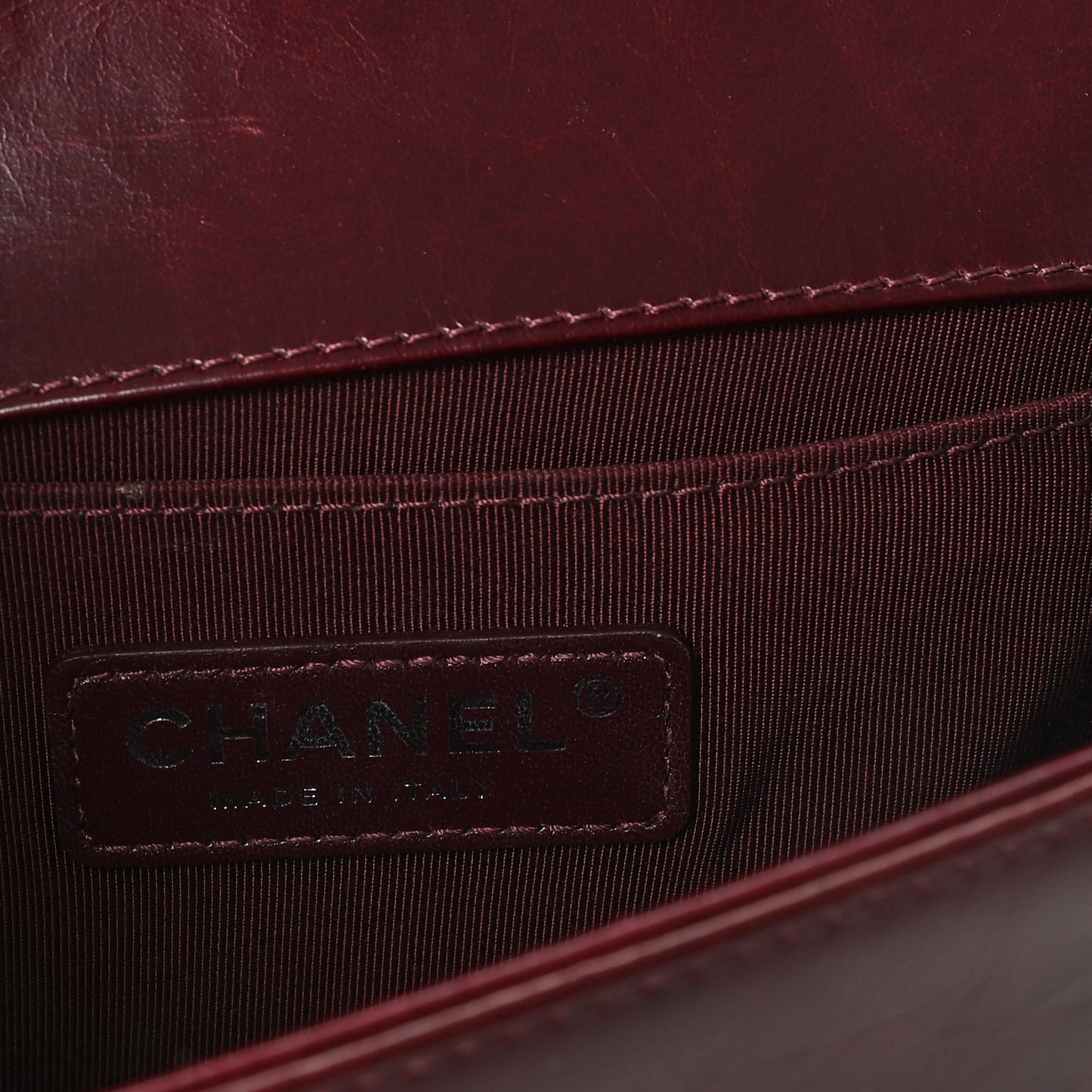 Glazed Calfskin Quilted Small Boy Chained Flap Burgundy