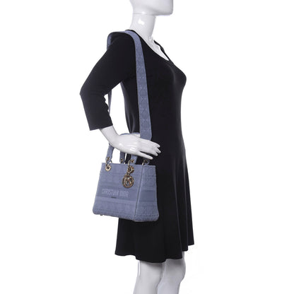Christian Dior Canvas Embroidered Cannage Medium Lady D-Lite Blue 2 of 15