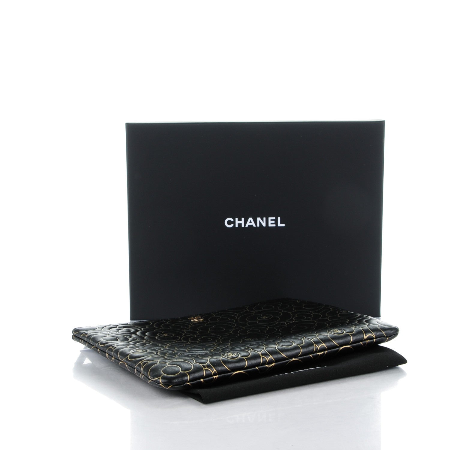 Chanel Lambskin Camellia Embossed Medium Cosmetic Case Black Gold 4 of 7