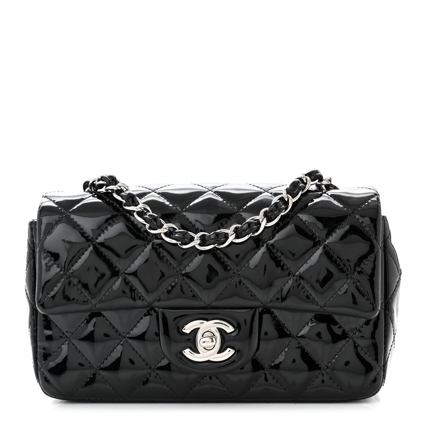 Patent Calfskin Quilted Mini Rectangular Flap Black