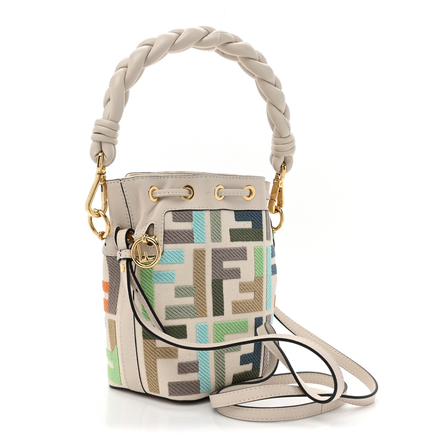 Fendi Canvas Vitello Grace F is Fendi FF Multicolor Embroidered Mini Mon Tresor Bucket Bag Grezzo Multicolor Latte 3 of 9