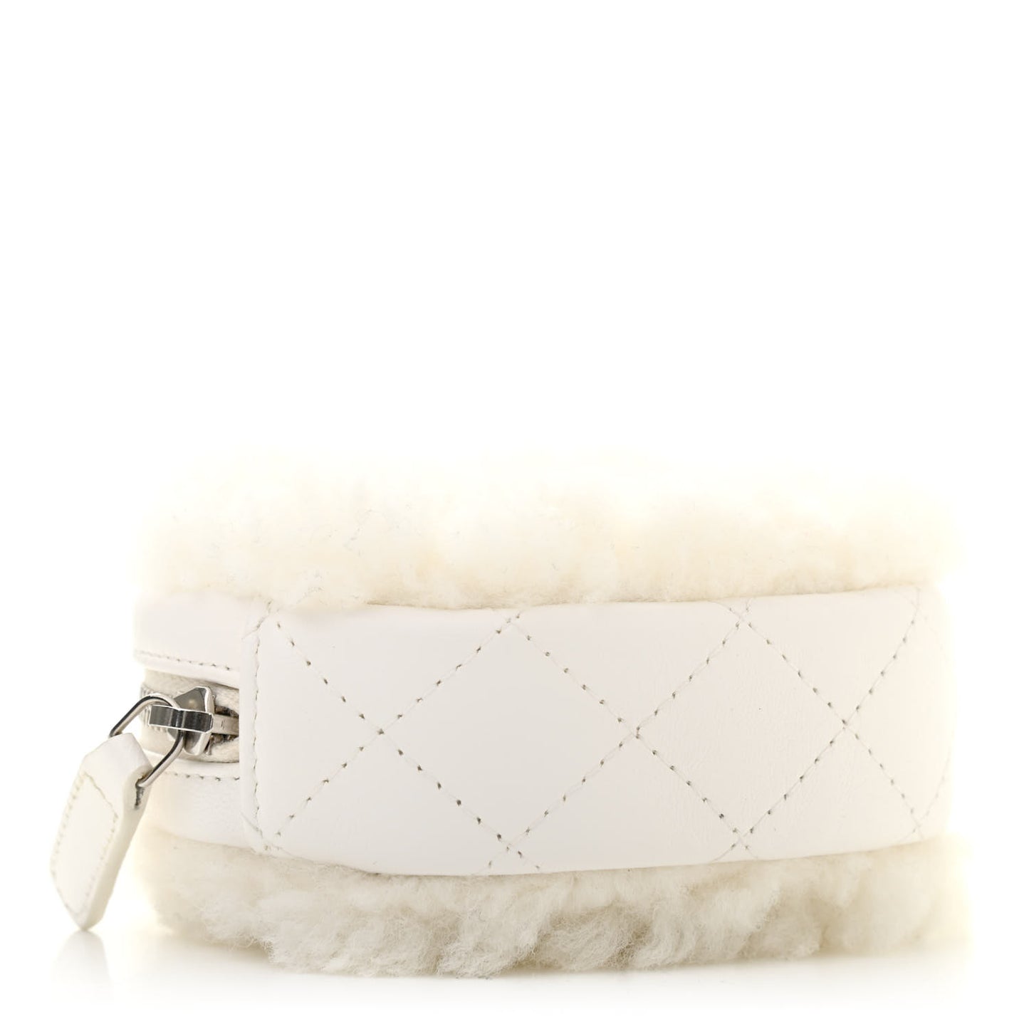Shearling Sheepskin Lambskin Quilted Round Clutch With Chain White