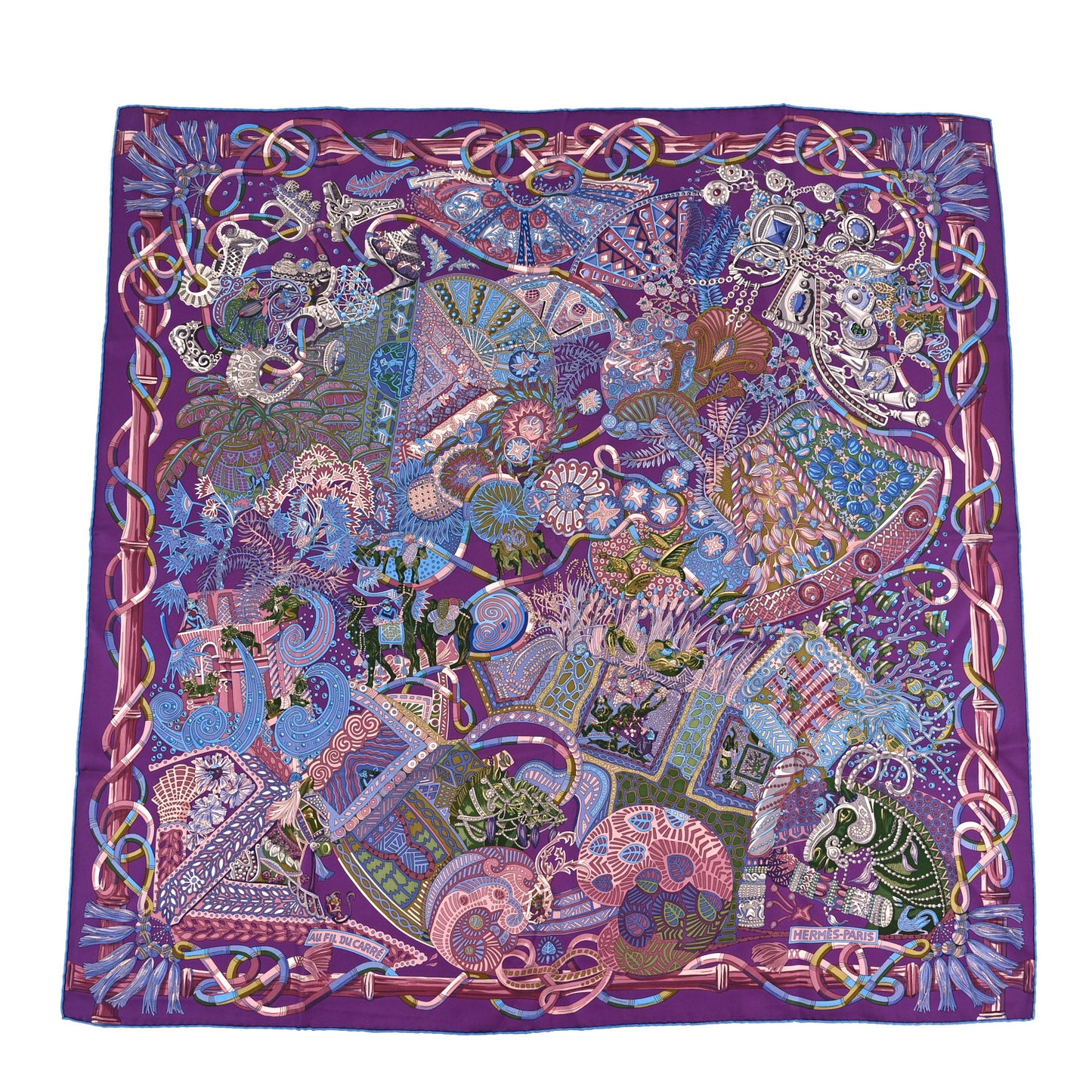 Silk Au Fil Du Carre Scarf 90 Violet Vieux Rose Vert