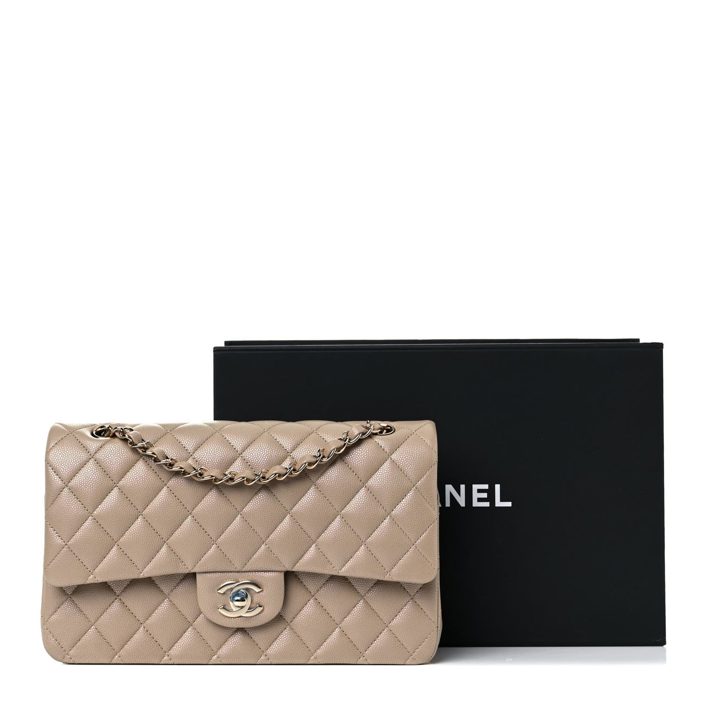 Iridescent Caviar Quilted Medium Double Flap Dark Beige
