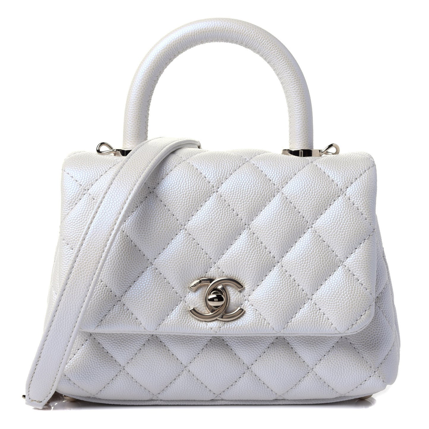Iridescent Caviar Quilted Extra Mini Coco Handle Flap White
