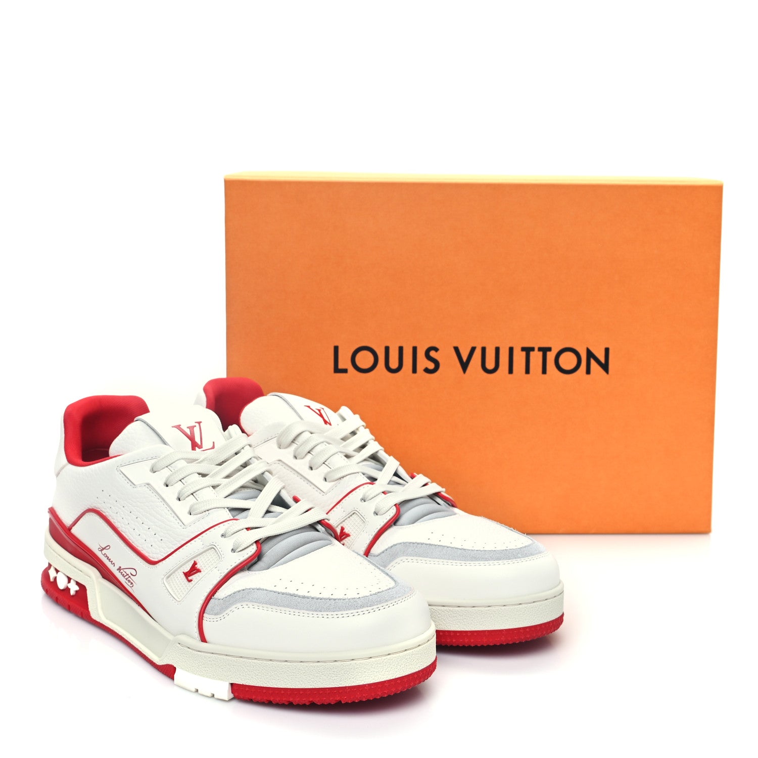 Louis Vuitton Grained Calfskin Script Mens LV Trainer Sneakers 9 Red 9 of 9
