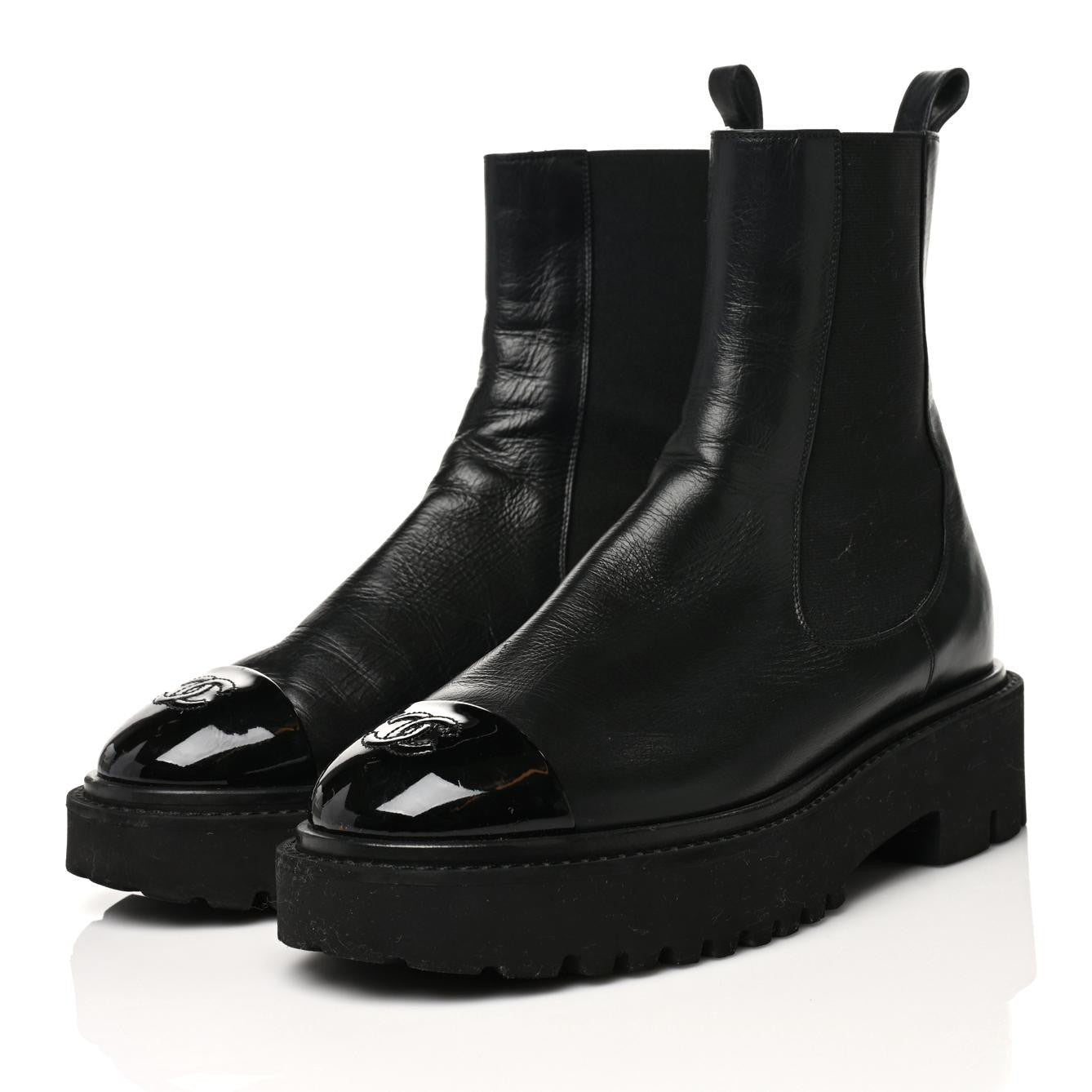 Calfskin Patent Cap Toe Ankle Boots 38.5 Black