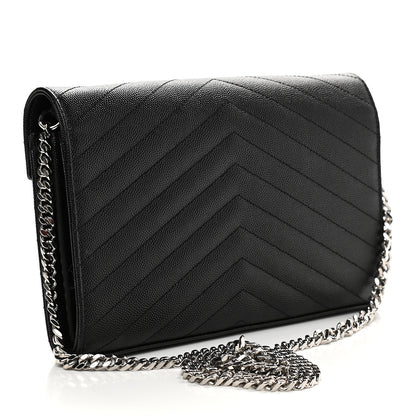Saint Laurent Grain De Poudre Matelasse Chevron Monogram Chain Wallet Black 3 of 8
